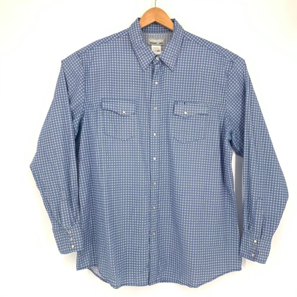 Wrangler Mens 2XL Light Blue Wrancher Snap Front Shirt Long Sleeve Collared